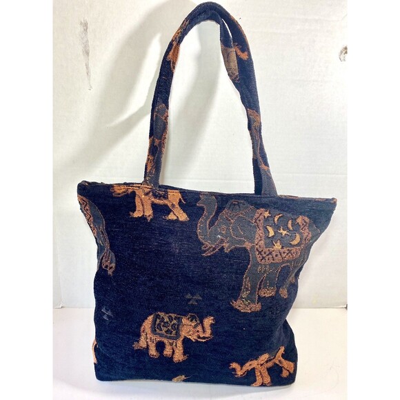 Large Elephant Tote Shopping Bag Black Woven Beaded India 15 x 13 Double Handle - Picture 2 of 3